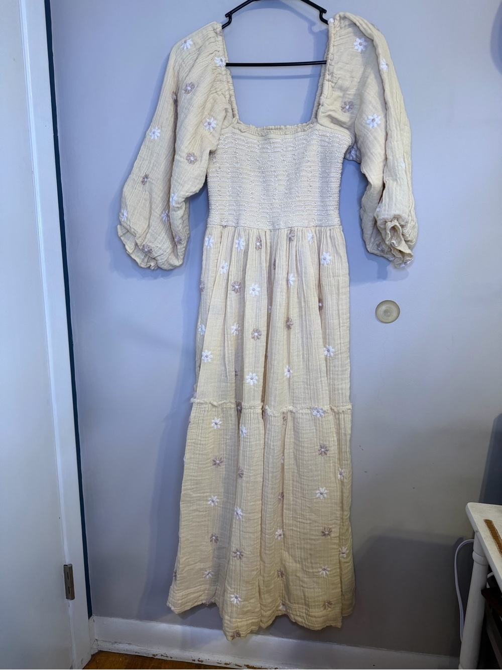 Free People Cream Embroidered Puff-Sleeve Maxi Dress